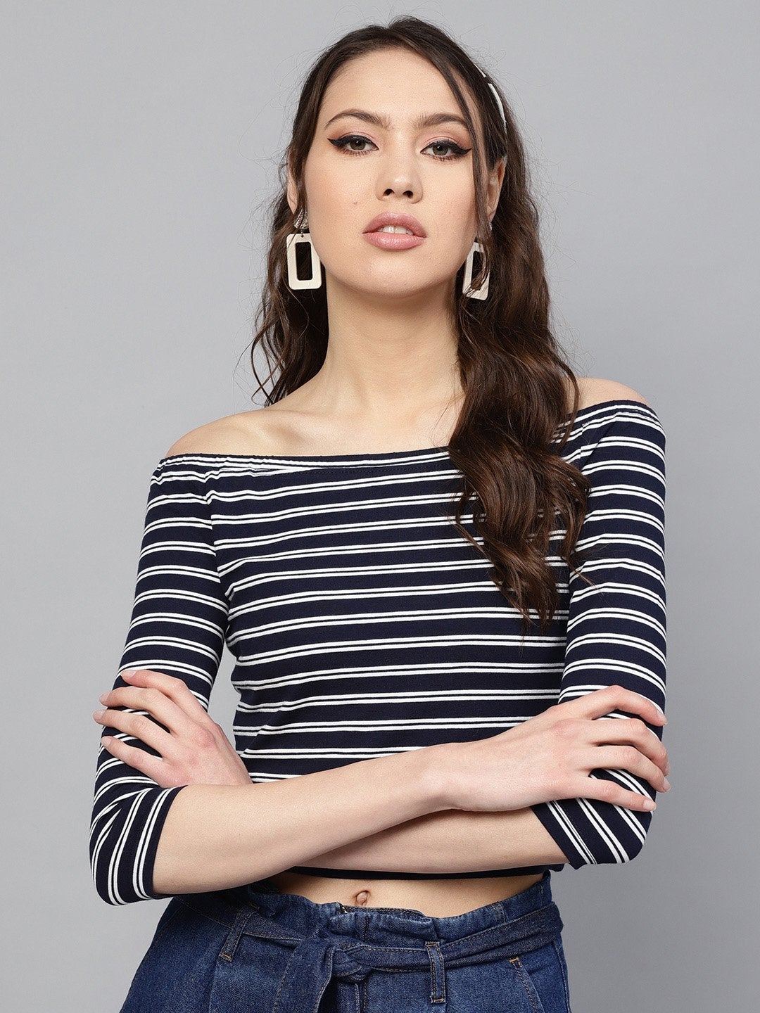 Women's Navy White Stripe Bardot Crop Top - SASSAFRAS