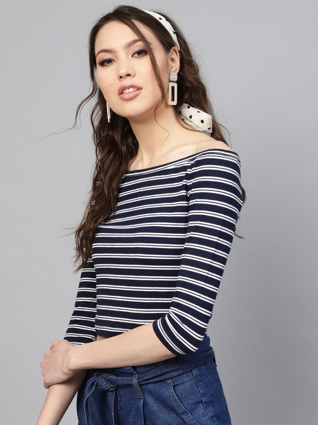 Women's Navy White Stripe Bardot Crop Top - SASSAFRAS