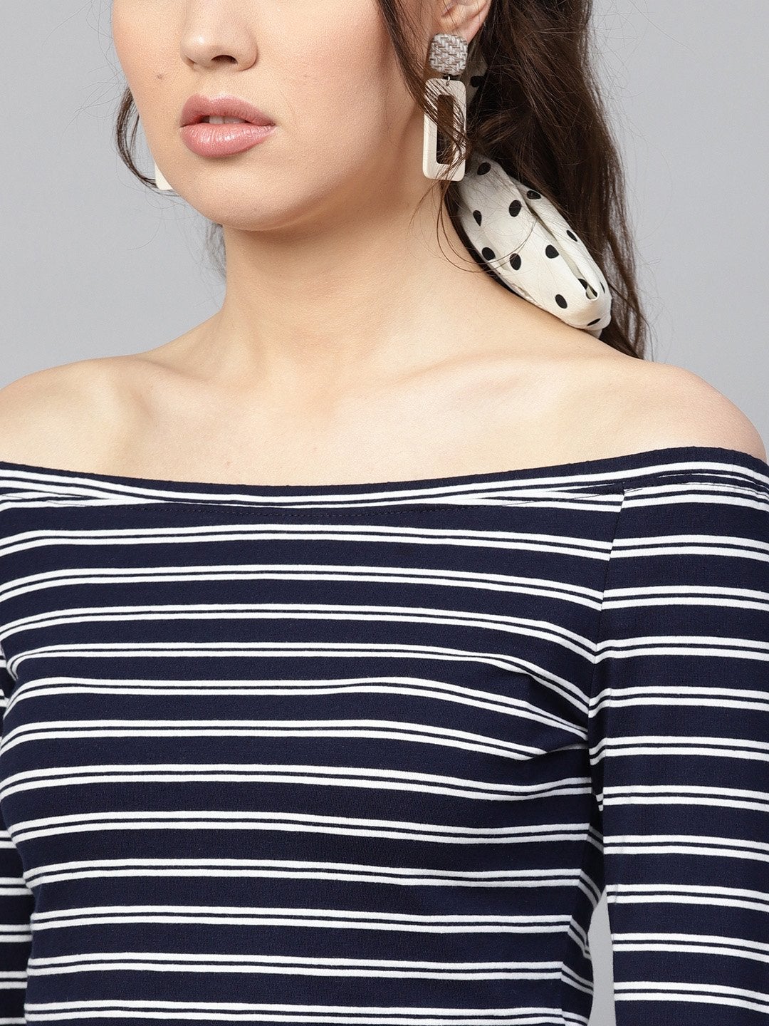 Women's Navy White Stripe Bardot Crop Top - SASSAFRAS