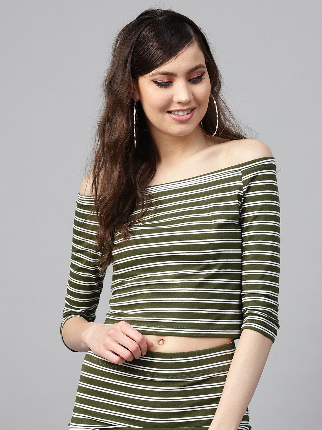 Women's Olive White Stripe Bardot Crop Top - SASSAFRAS