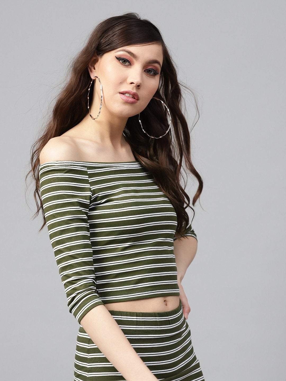 Women's Olive White Stripe Bardot Crop Top - SASSAFRAS