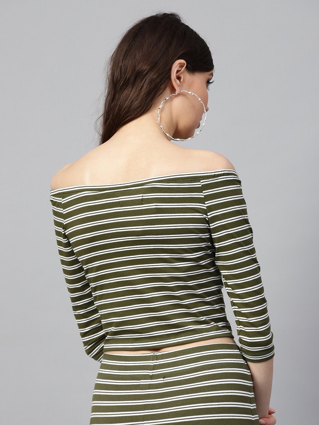 Women's Olive White Stripe Bardot Crop Top - SASSAFRAS