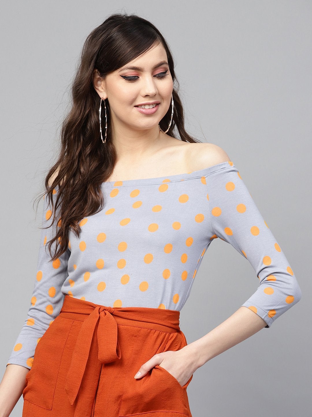 Women's Grey Yellow Polka Bardot Crop Top - SASSAFRAS