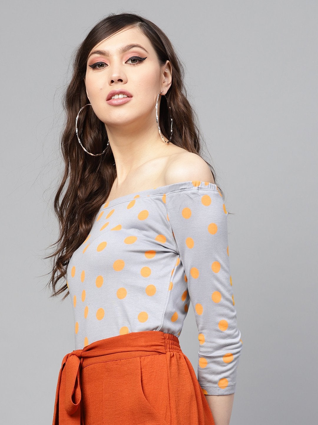 Women's Grey Yellow Polka Bardot Crop Top - SASSAFRAS