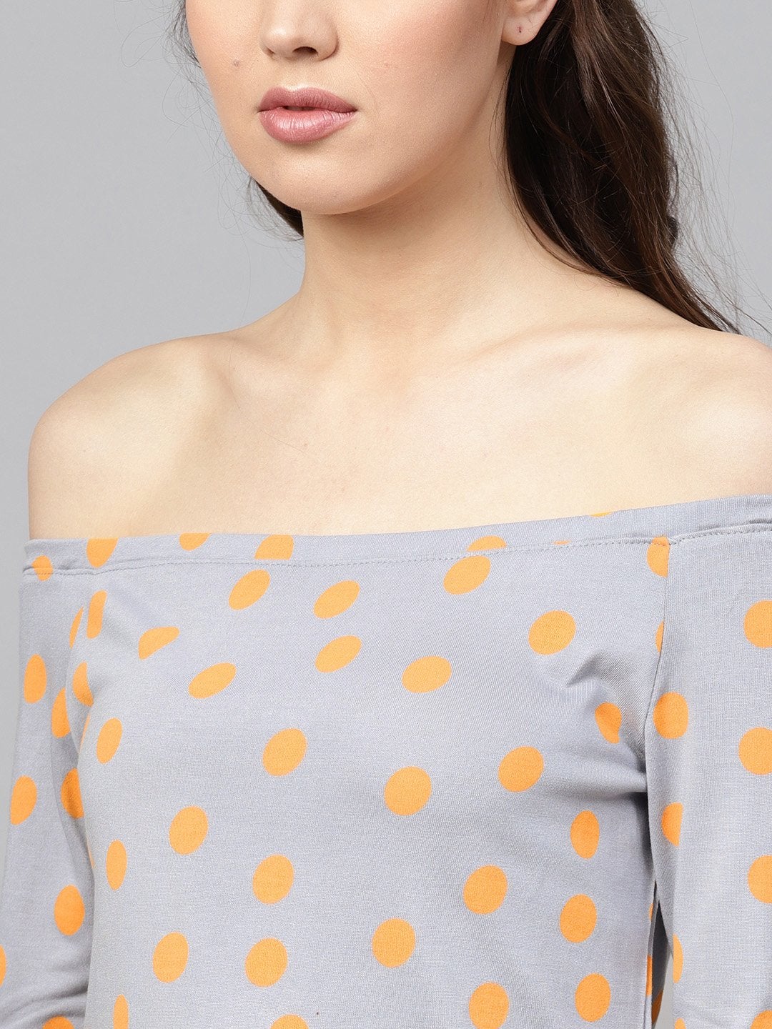 Women's Grey Yellow Polka Bardot Crop Top - SASSAFRAS