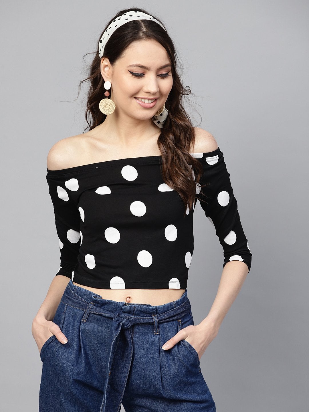 Women's Black & White Polka Bardot Crop Top - SASSAFRAS