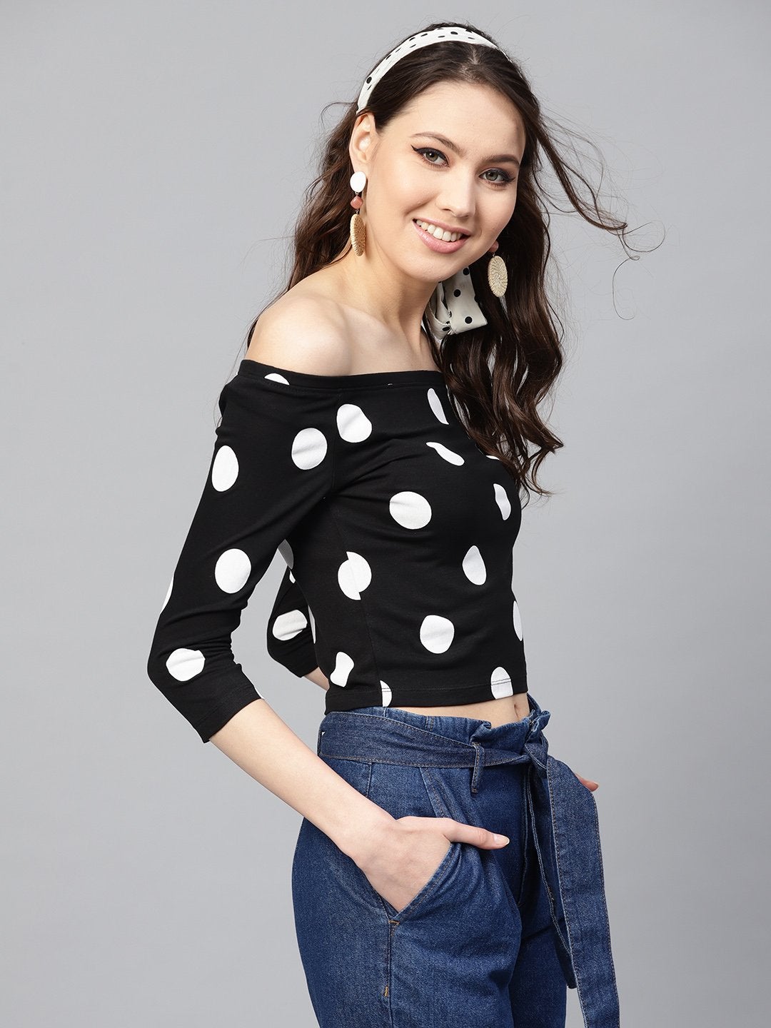 Women's Black & White Polka Bardot Crop Top - SASSAFRAS