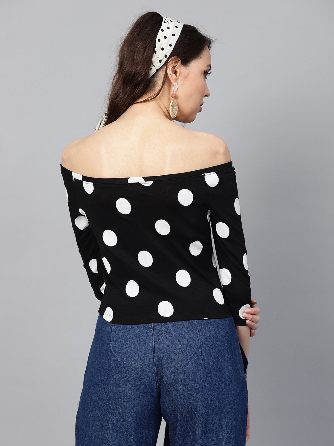 Women's Black & White Polka Bardot Crop Top - SASSAFRAS