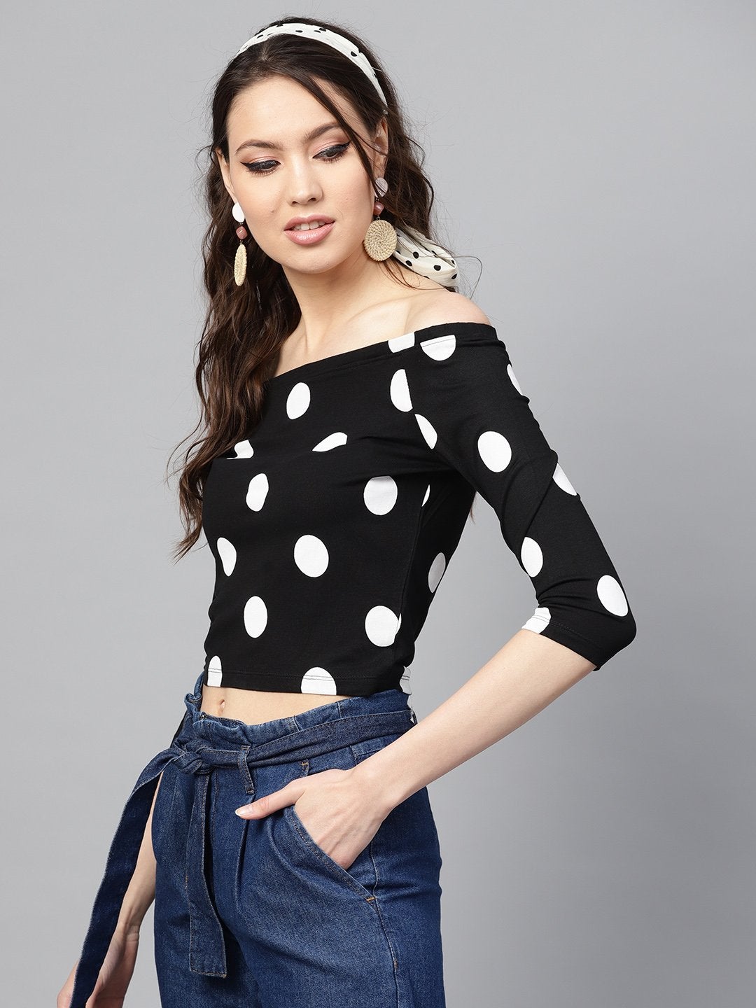 Women's Black & White Polka Bardot Crop Top - SASSAFRAS