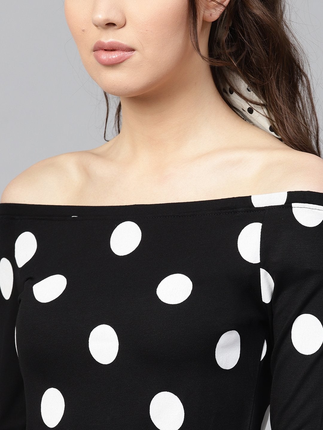 Women's Black & White Polka Bardot Crop Top - SASSAFRAS