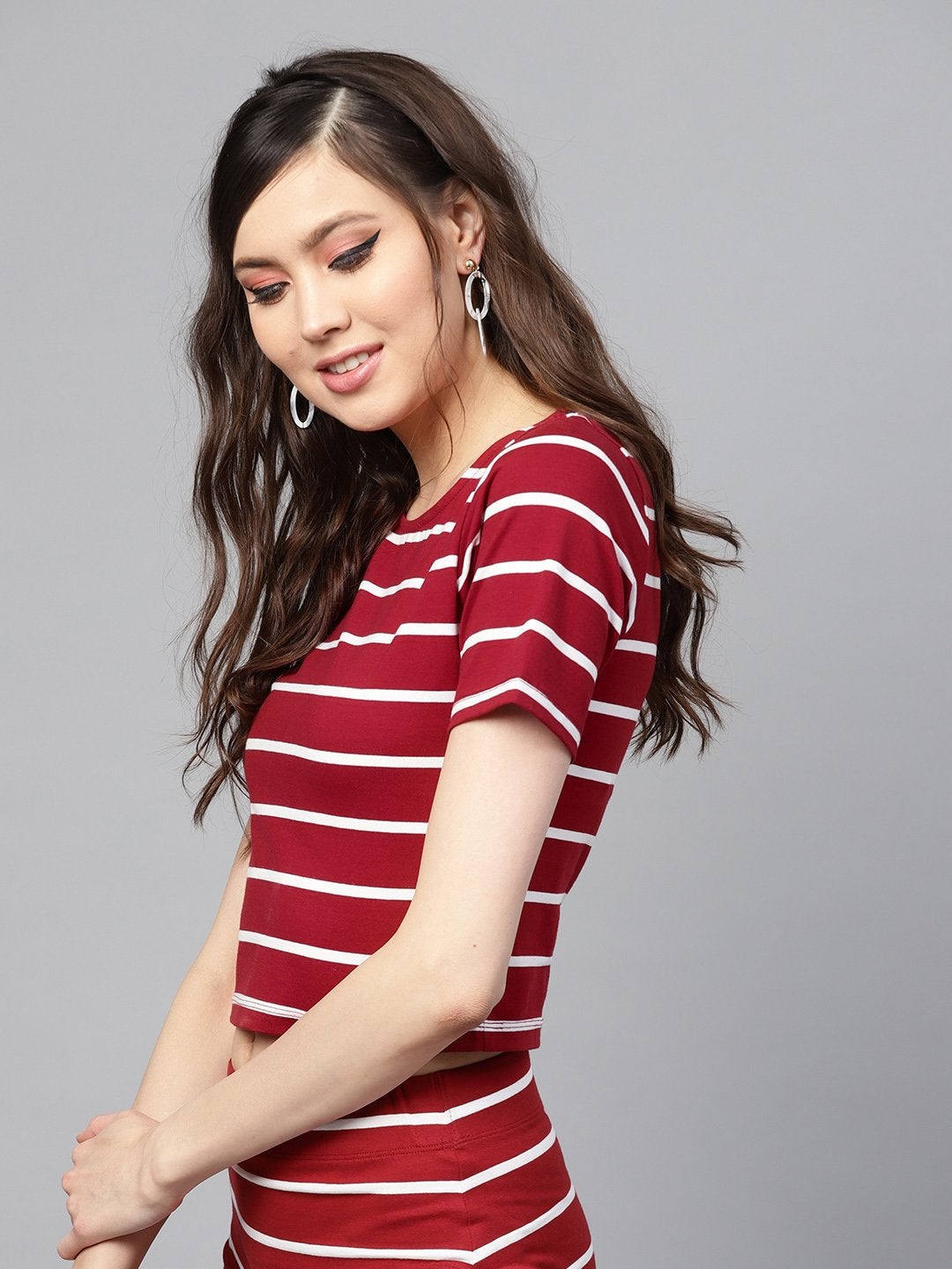 Women's Maroon White Stripe Crop Top - SASSAFRAS