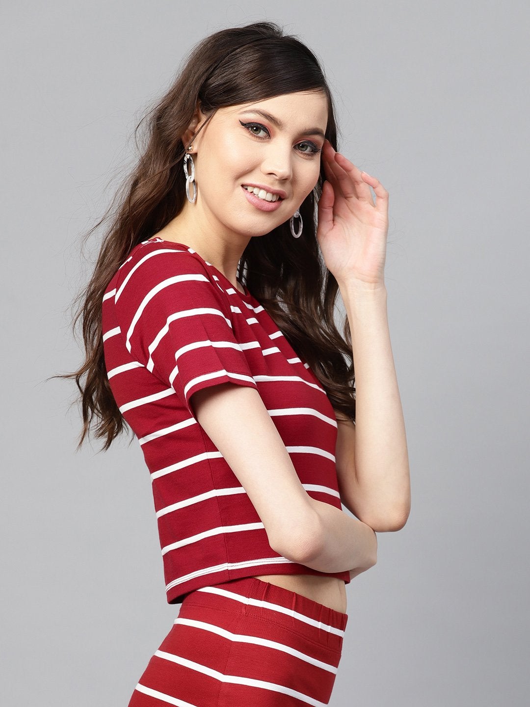 Women's Maroon White Stripe Crop Top - SASSAFRAS