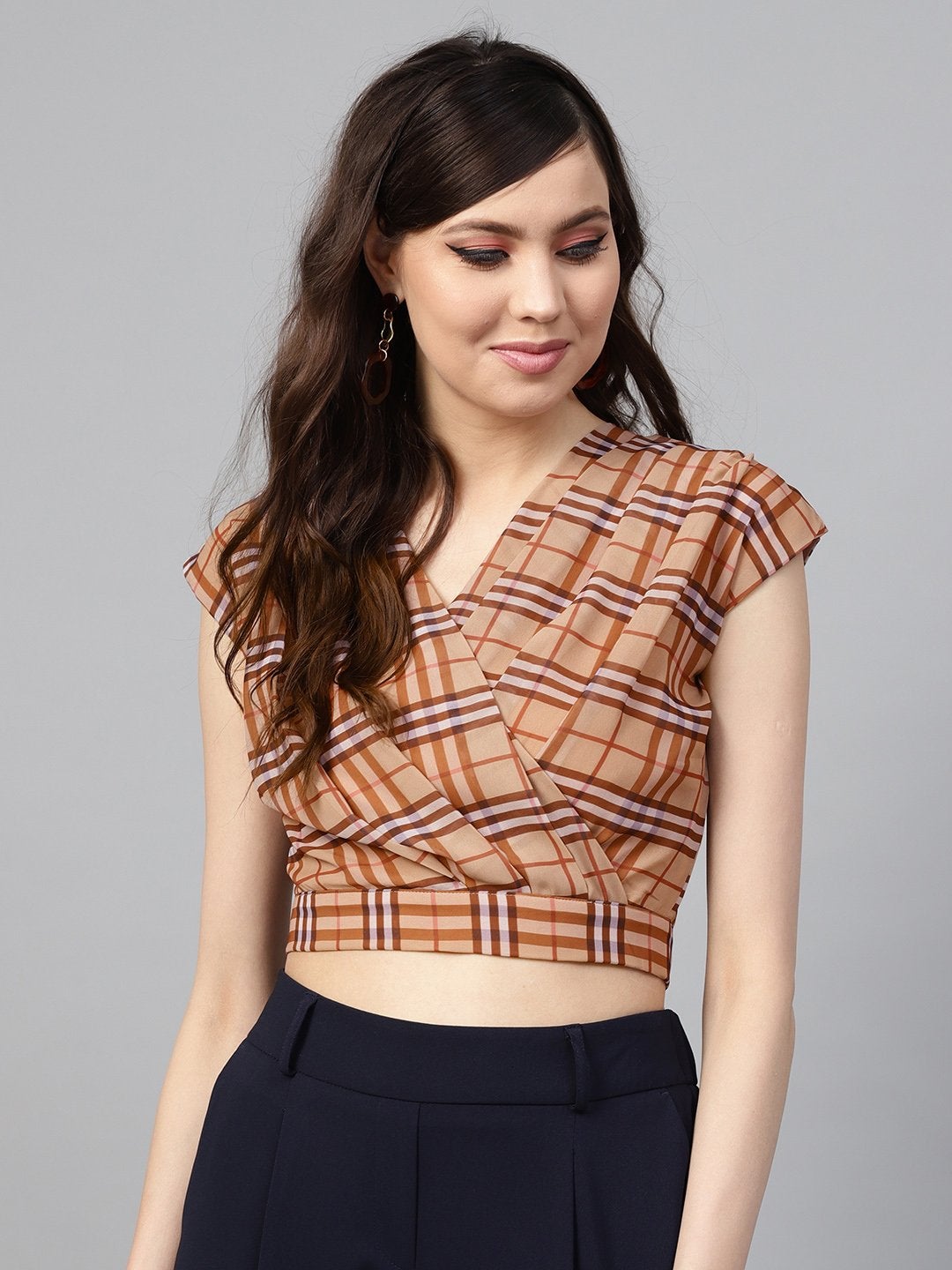 Women's Brown Check Pleated Front Crop Top - SASSAFRAS