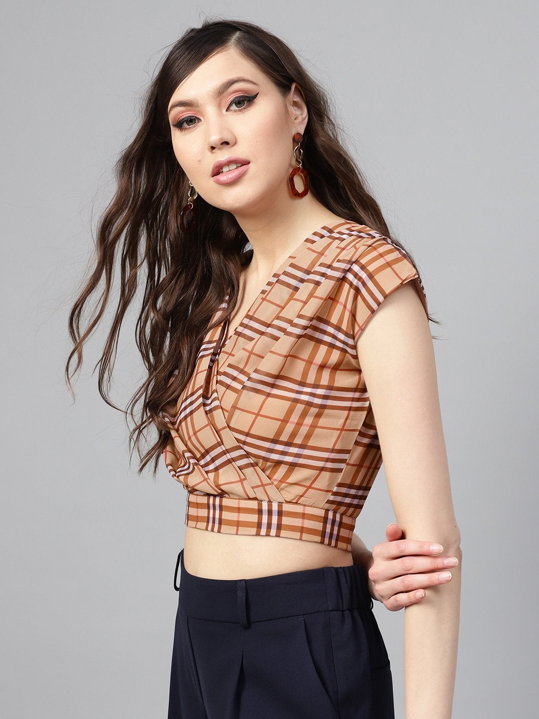 Women's Brown Check Pleated Front Crop Top - SASSAFRAS