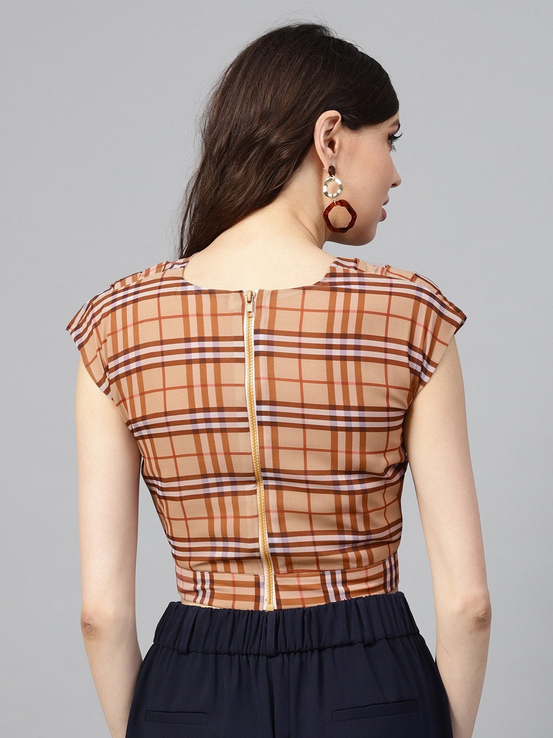 Women's Brown Check Pleated Front Crop Top - SASSAFRAS