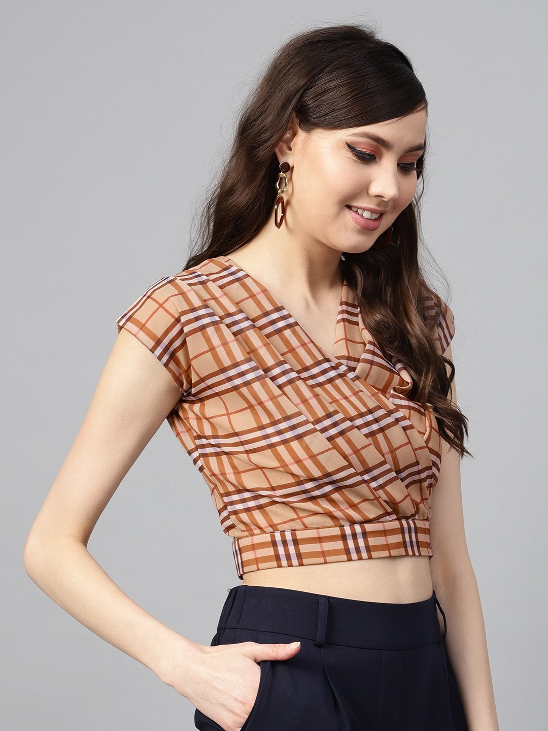 Women's Brown Check Pleated Front Crop Top - SASSAFRAS