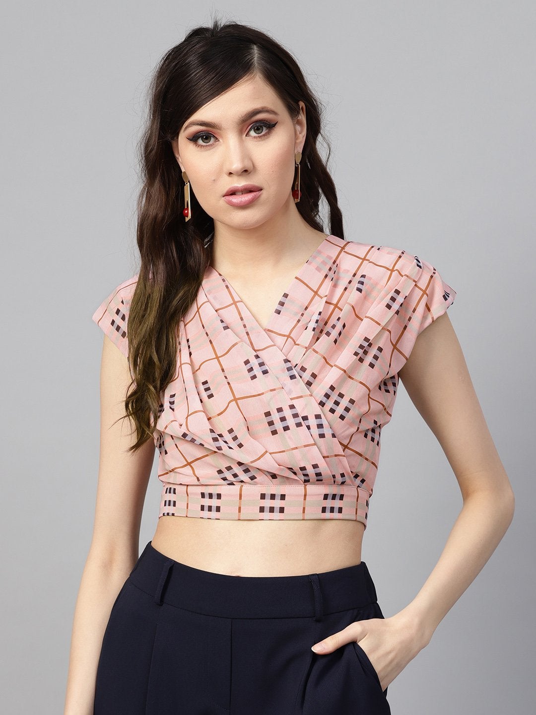 Women's Pink Check Pleated Front Crop Top - SASSAFRAS