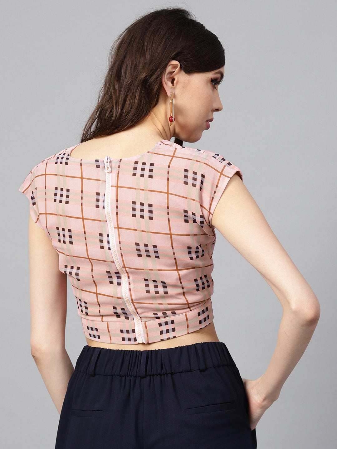 Women's Pink Check Pleated Front Crop Top - SASSAFRAS