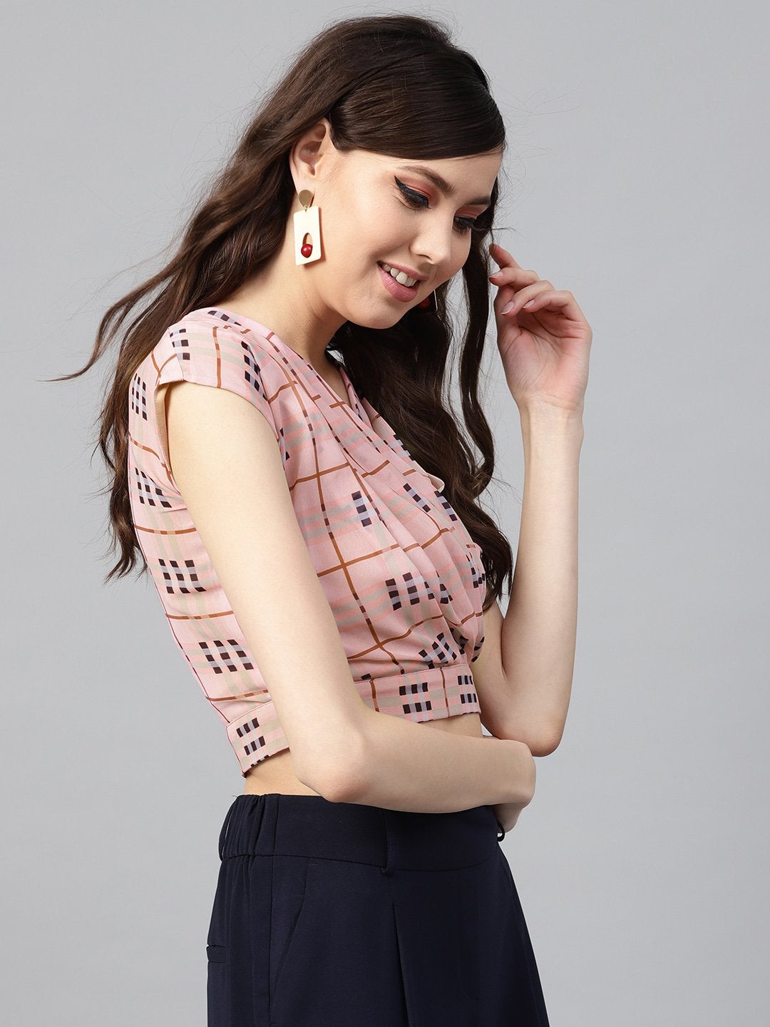 Women's Pink Check Pleated Front Crop Top - SASSAFRAS