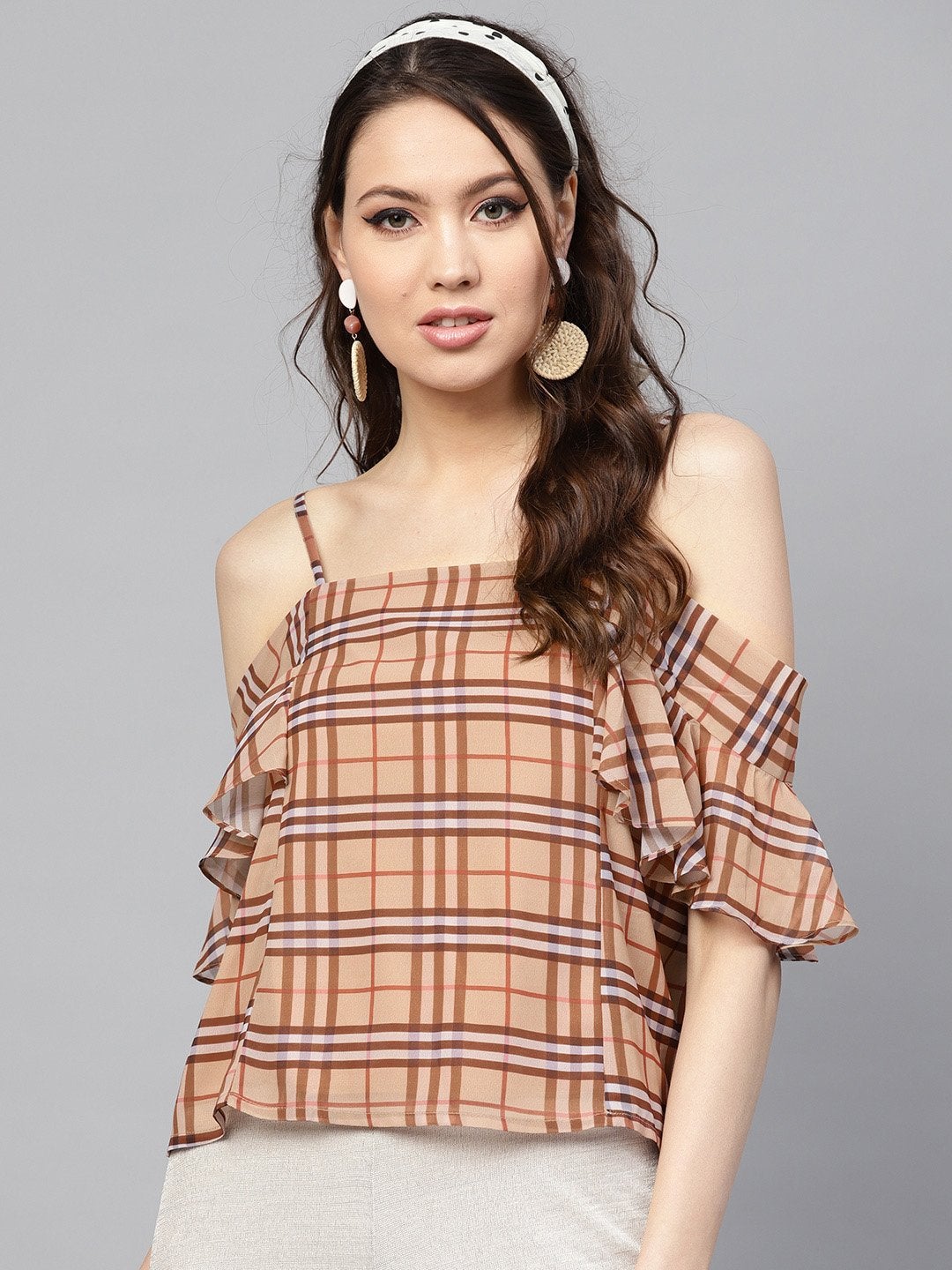 Women's Brown Check Strappy Top - SASSAFRAS