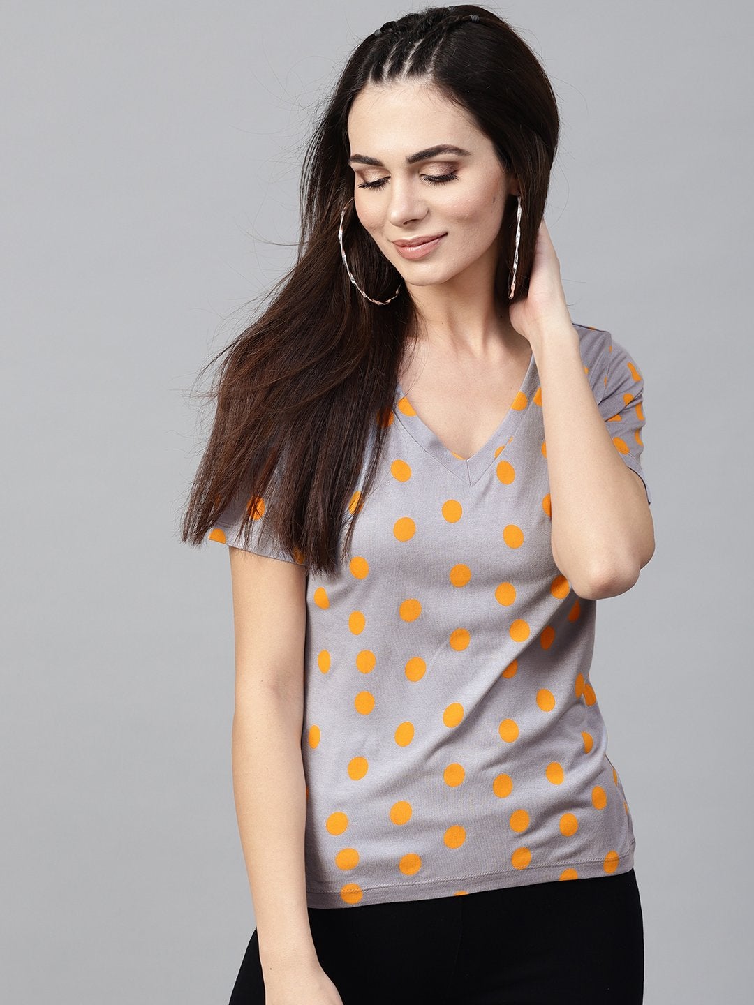 Women's Grey Yellow Polka V-Neck Tee - SASSAFRAS