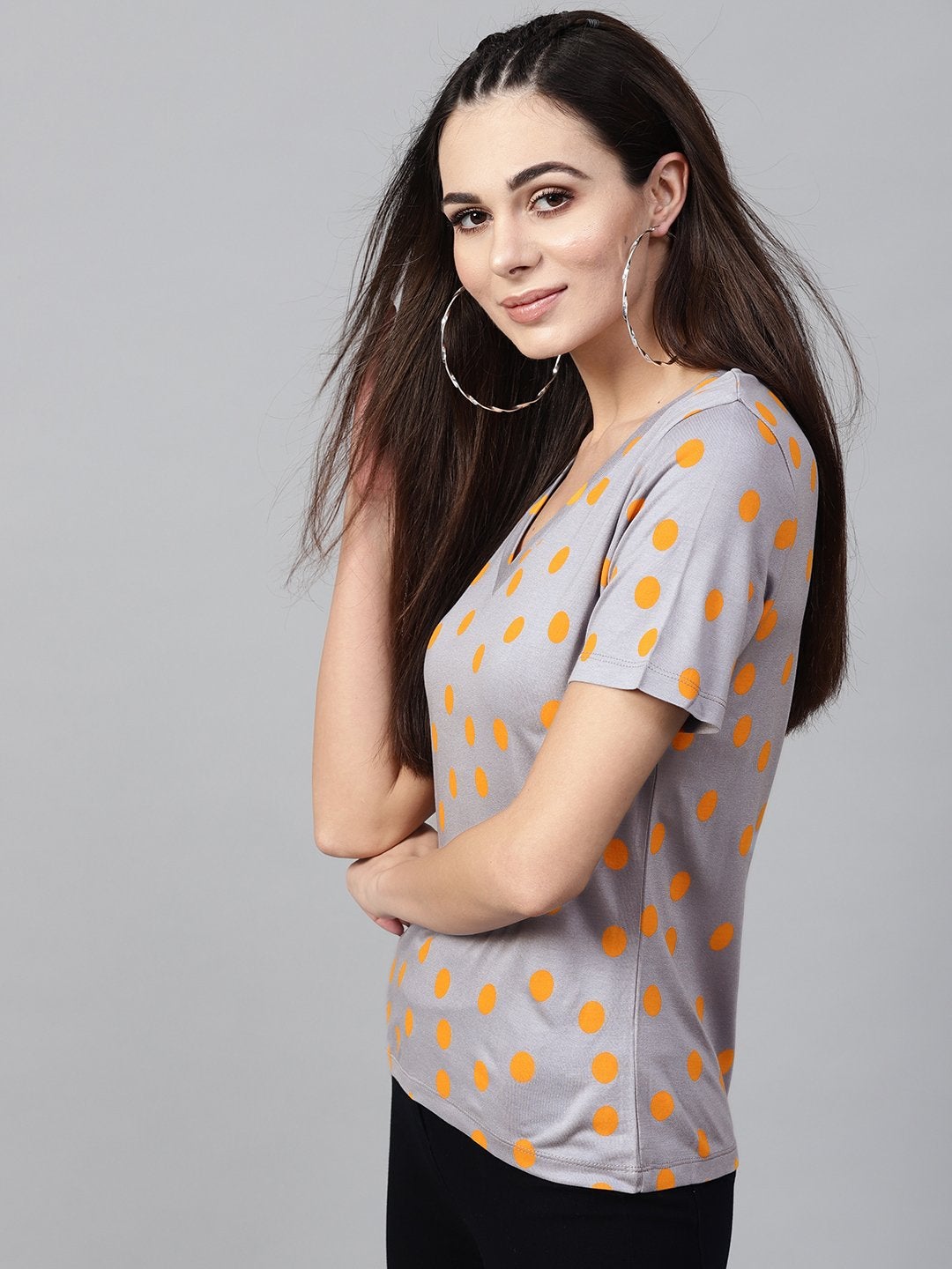 Women's Grey Yellow Polka V-Neck Tee - SASSAFRAS