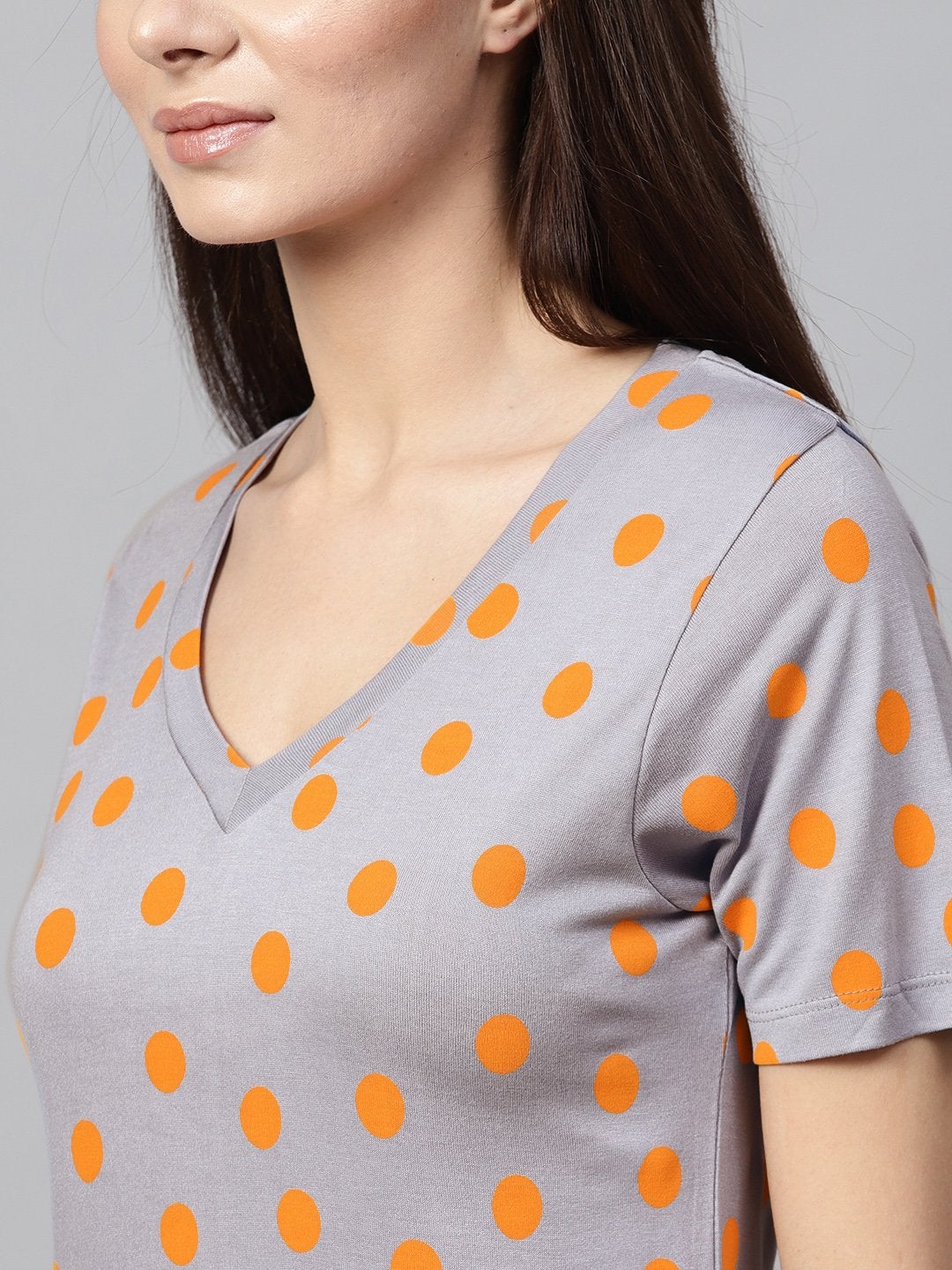 Women's Grey Yellow Polka V-Neck Tee - SASSAFRAS