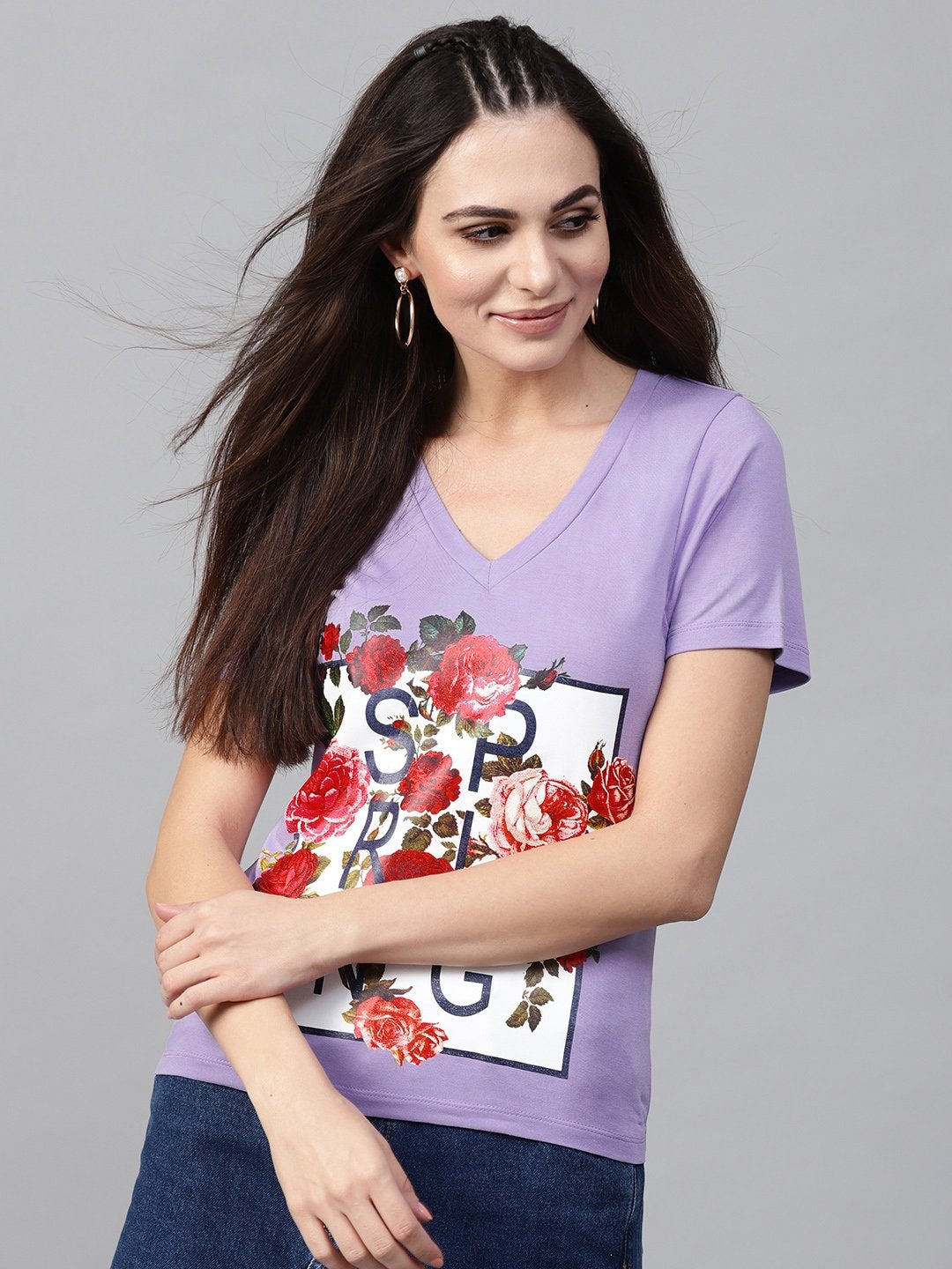 Women's Lavender Spring Floral Print V-Neck Tee - SASSAFRAS