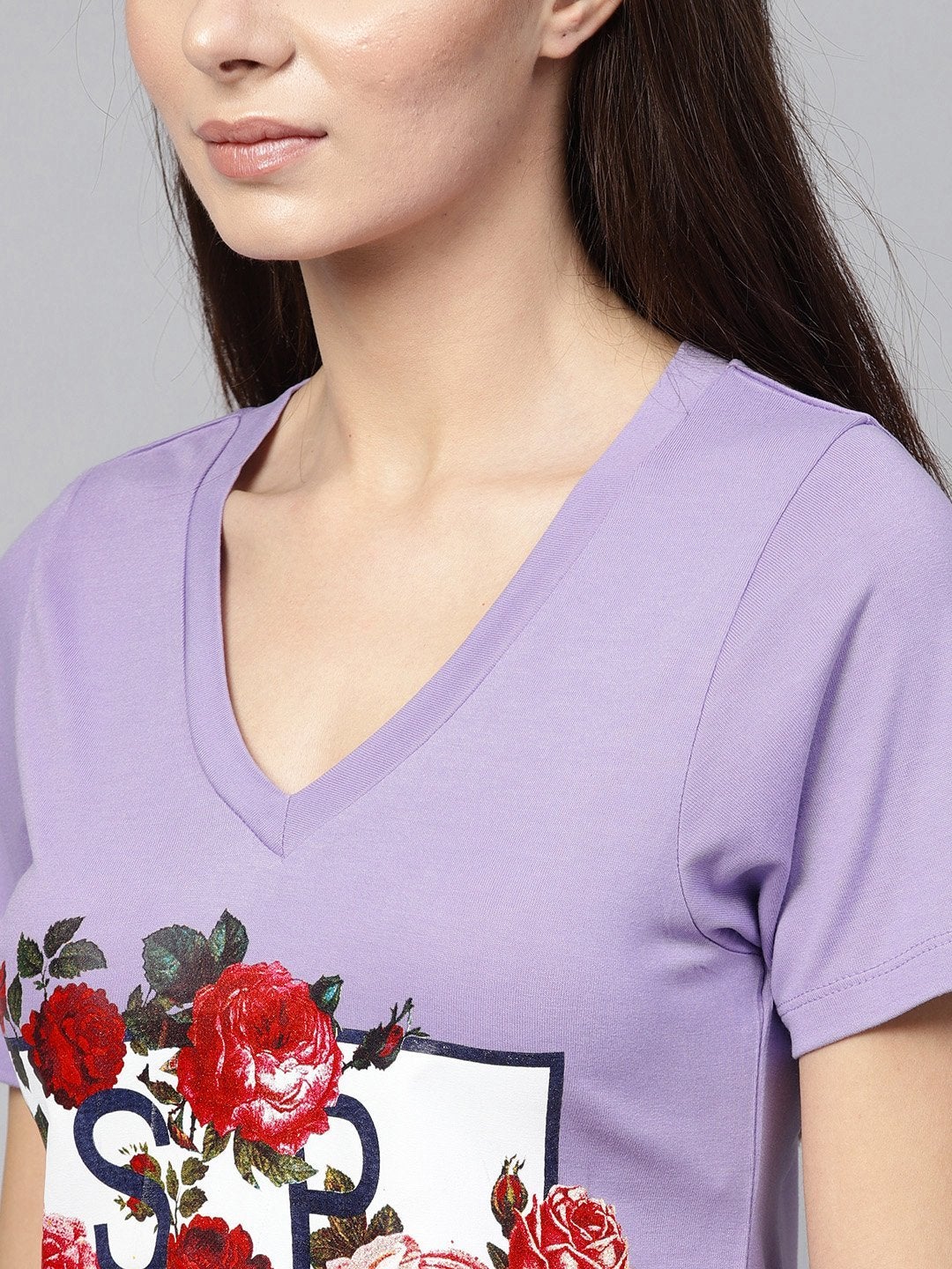 Women's Lavender Spring Floral Print V-Neck Tee - SASSAFRAS