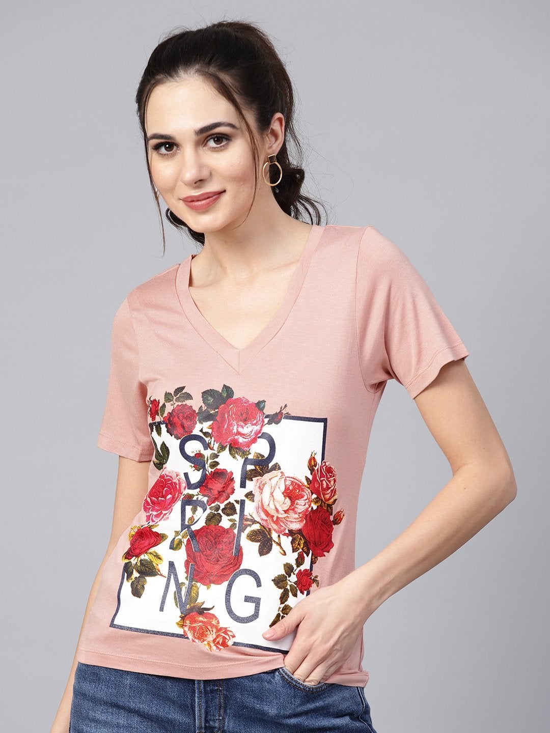 Women's Peach Spring Floral Print V-Neck Tee - SASSAFRAS