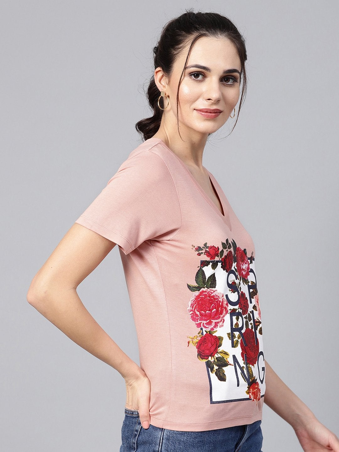 Women's Peach Spring Floral Print V-Neck Tee - SASSAFRAS