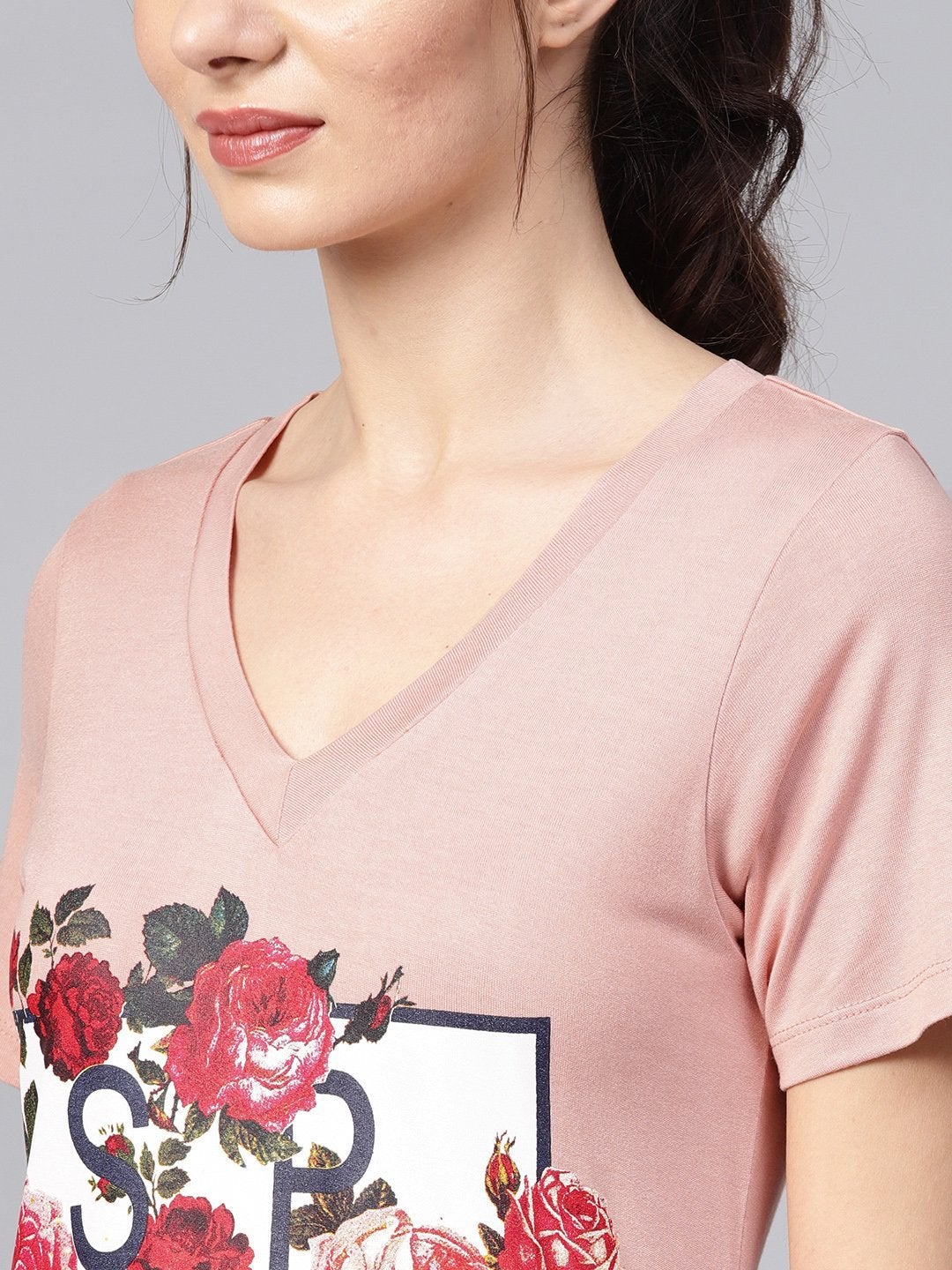 Women's Peach Spring Floral Print V-Neck Tee - SASSAFRAS