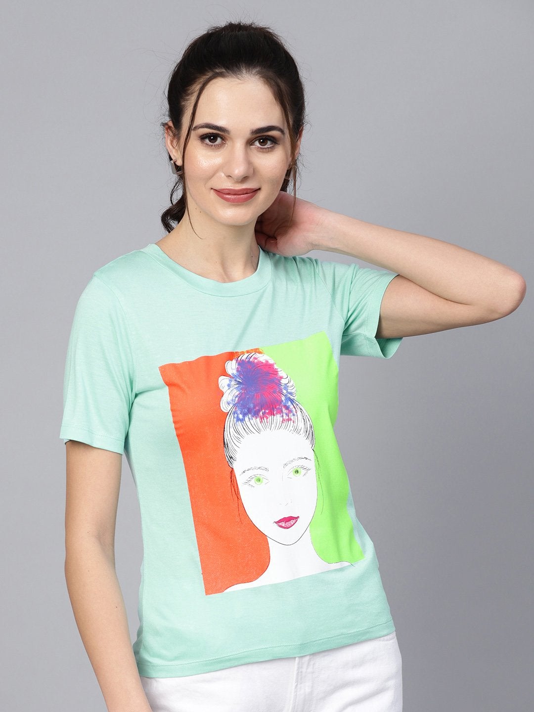 Women's Mint Girl Face Round Neck Tee - SASSAFRAS