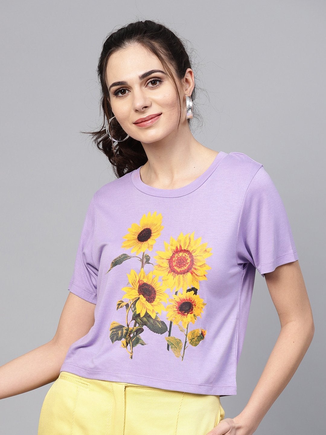 Women's Lavender Sunflower Print Crop Tee - SASSAFRAS