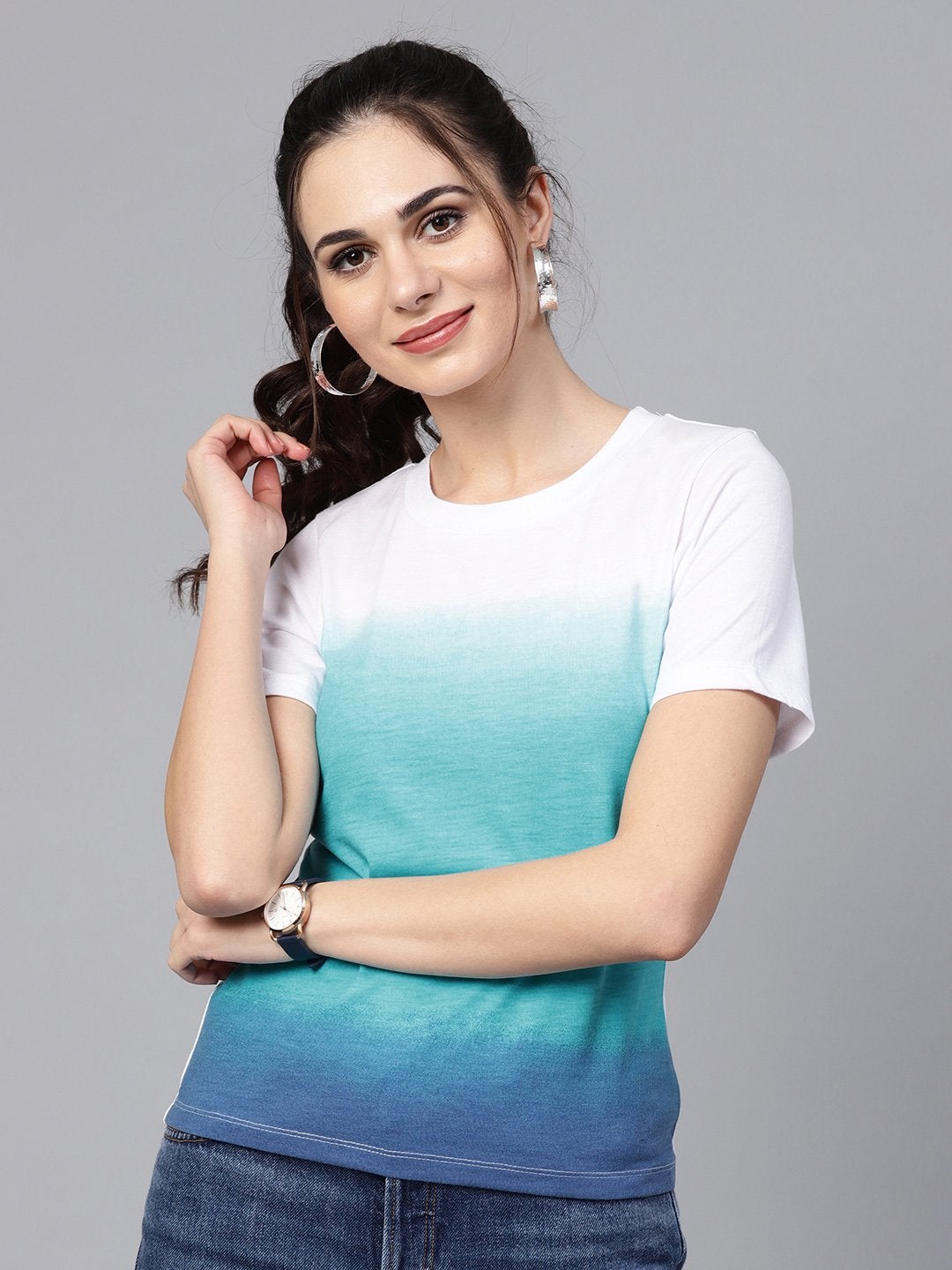 Women's Blue Ombre Round Neck Tee - SASSAFRAS