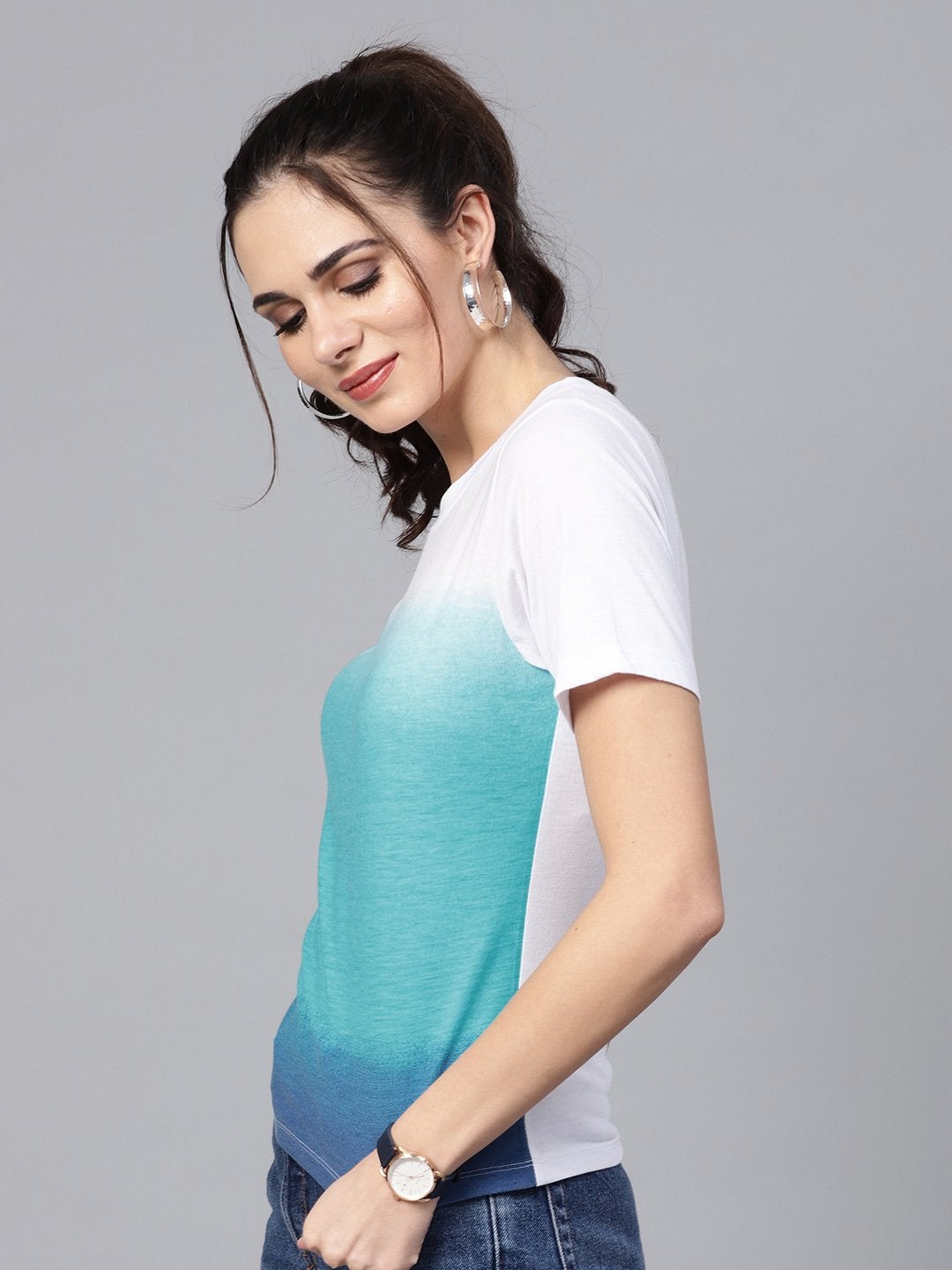 Women's Blue Ombre Round Neck Tee - SASSAFRAS