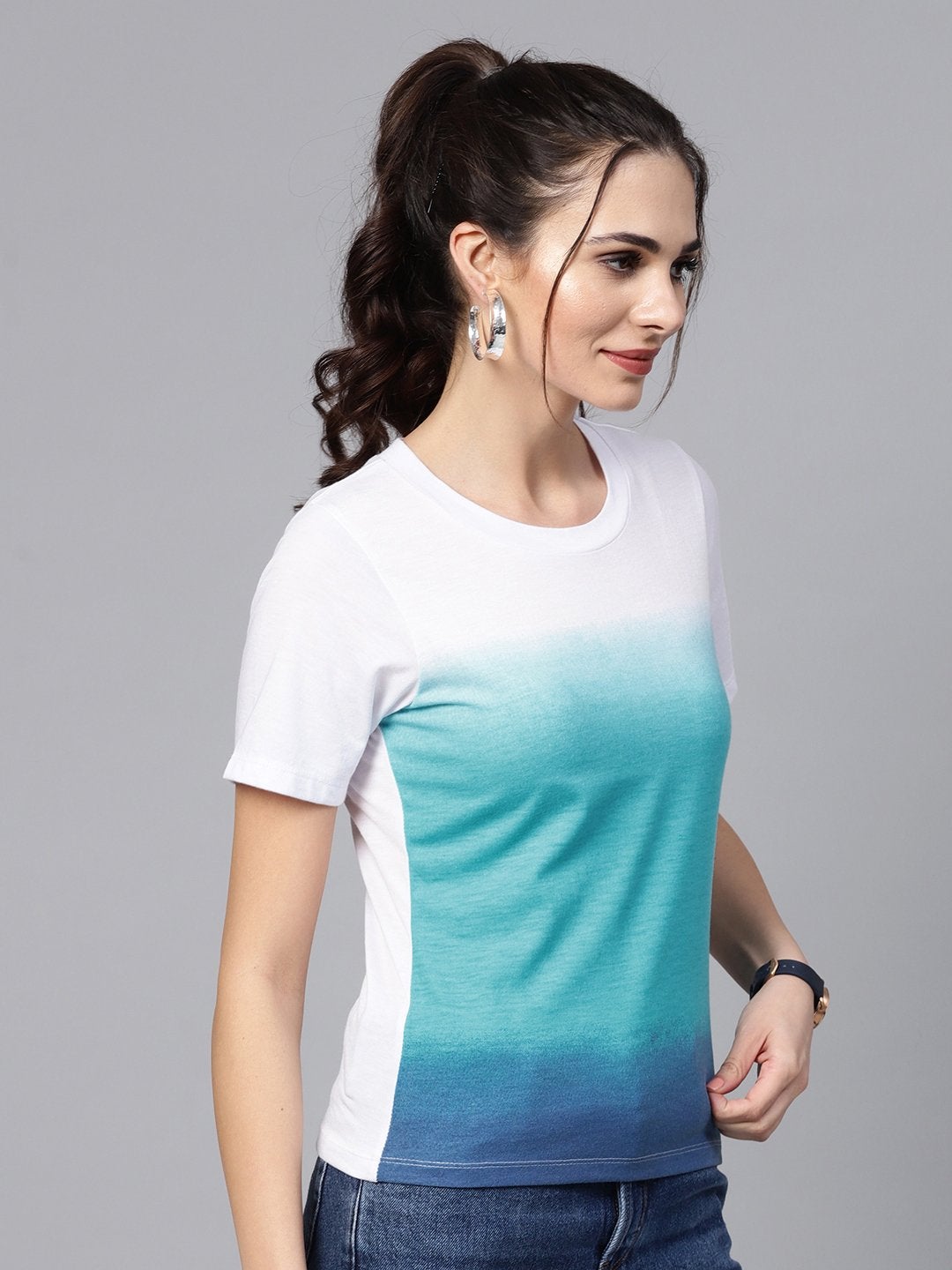 Women's Blue Ombre Round Neck Tee - SASSAFRAS