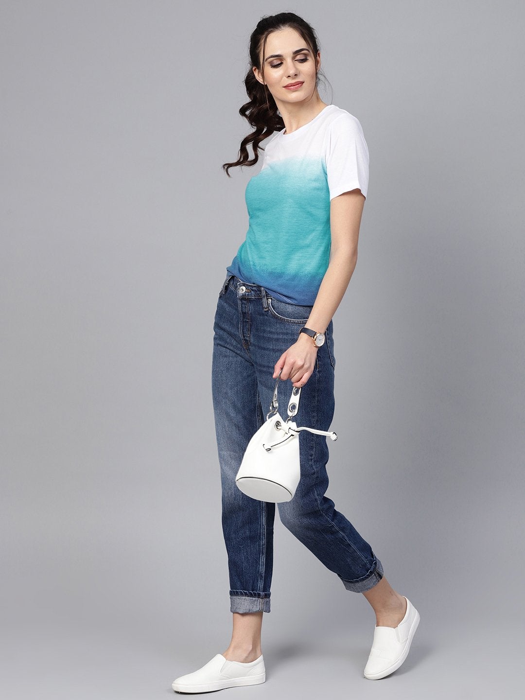 Women's Blue Ombre Round Neck Tee - SASSAFRAS