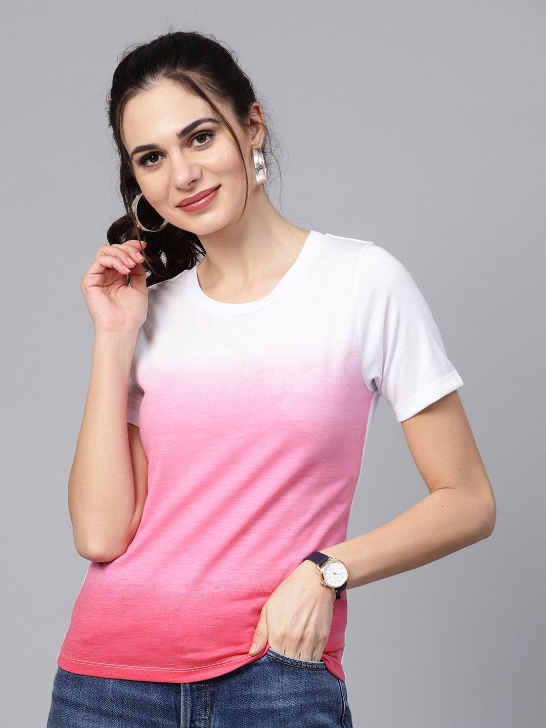 Women's Pink Ombre Round Neck Tee - SASSAFRAS