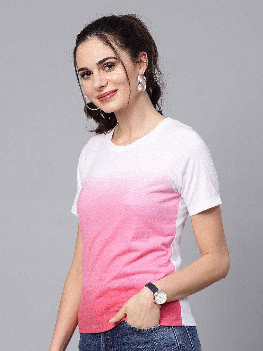 Women's Pink Ombre Round Neck Tee - SASSAFRAS