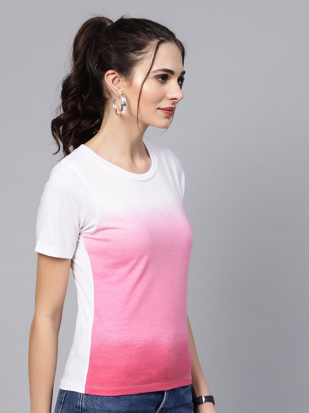 Women's Pink Ombre Round Neck Tee - SASSAFRAS