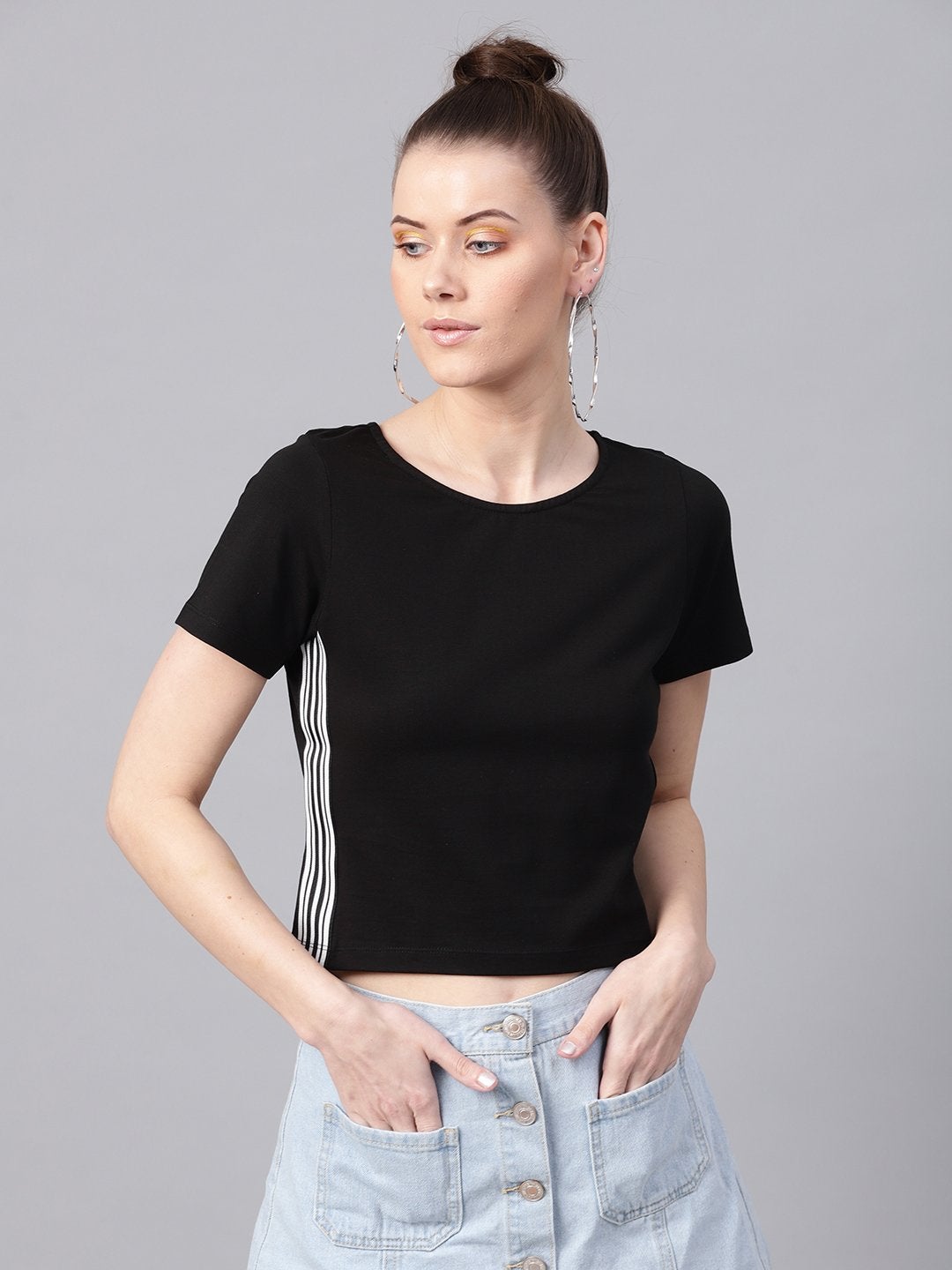 Women's Black Athleisure Tape Crop Top - SASSAFRAS