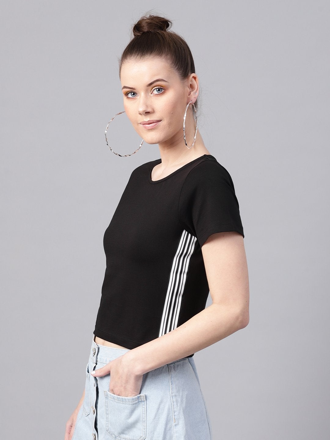 Women's Black Athleisure Tape Crop Top - SASSAFRAS