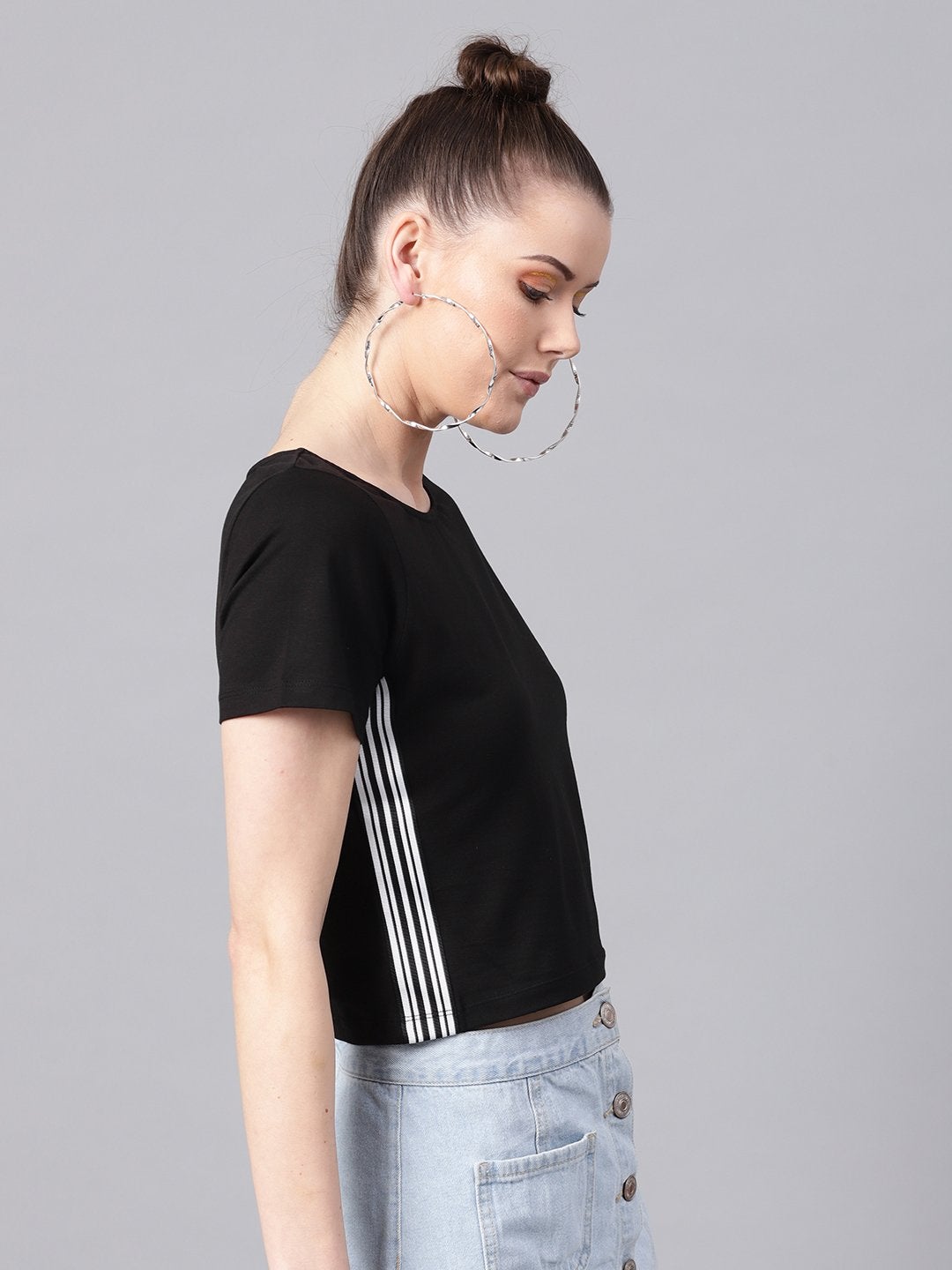 Women's Black Athleisure Tape Crop Top - SASSAFRAS