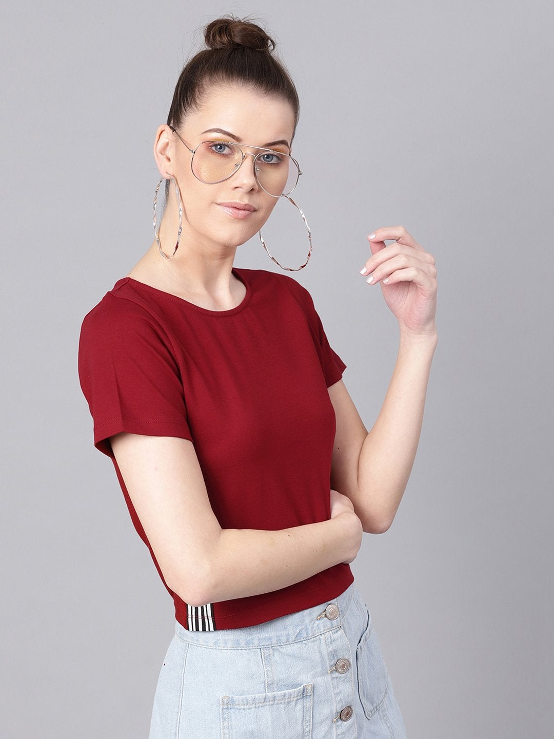 Women's Maroon Athleisure Tape Crop Top - SASSAFRAS