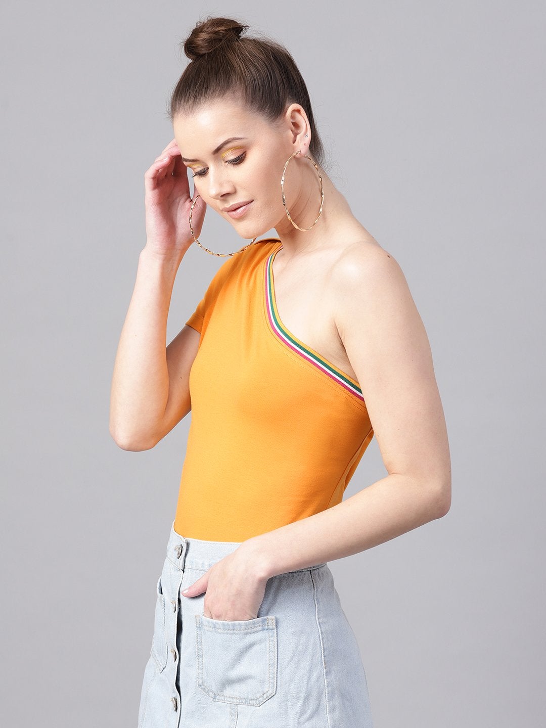 Women's Mustard One Shoulder Athleisure Top - SASSAFRAS