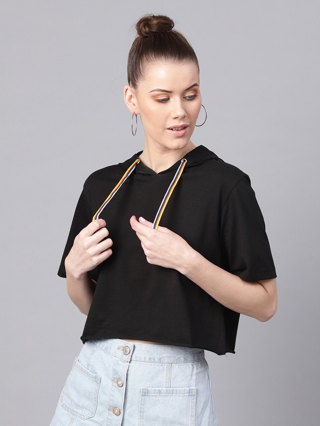 Women's Black Hoddie Boxy Athleisure Crop Top - SASSAFRAS