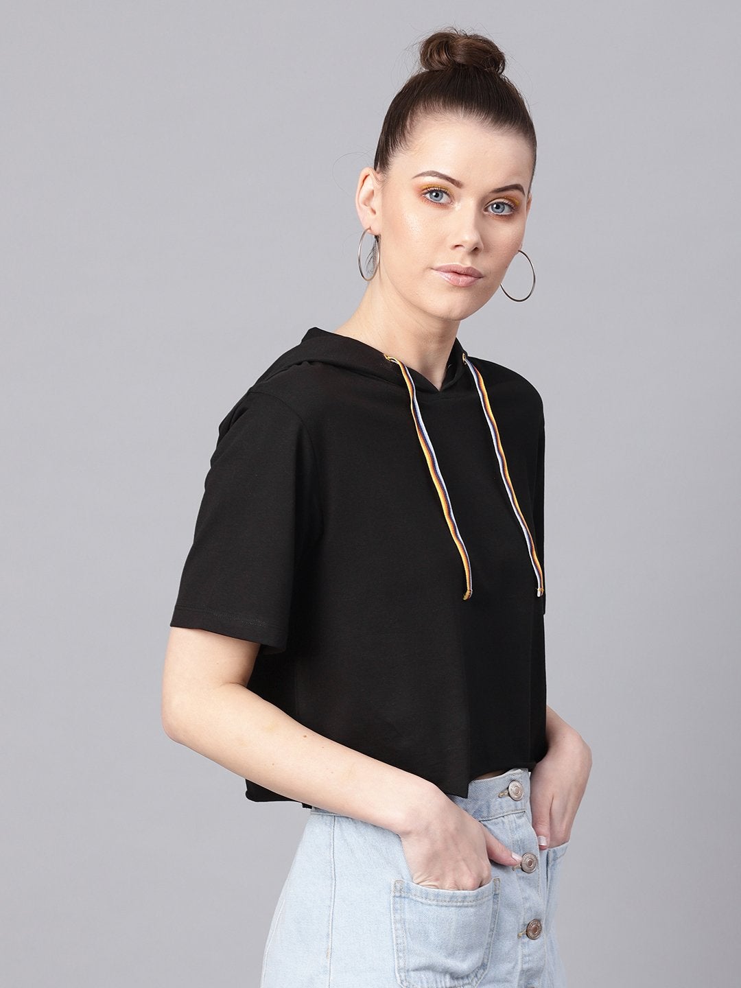 Women's Black Hoddie Boxy Athleisure Crop Top - SASSAFRAS