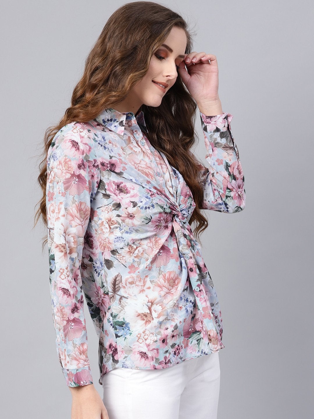 Women's Grey Floral Knot Shirt Top - SASSAFRAS