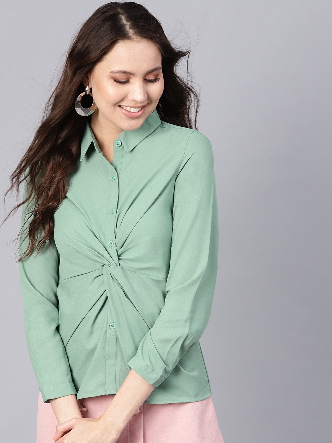 Women's Olive Front Knot Shirt Top - SASSAFRAS